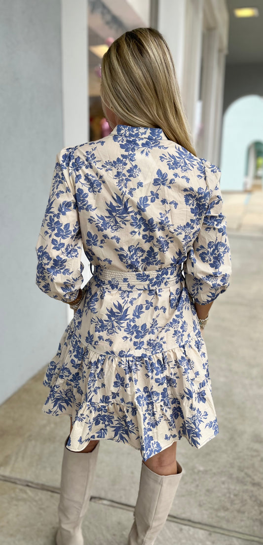 Lt Blue 3/4 Sleeve Woven Floral V Neck Dress