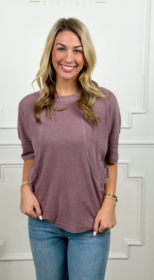 Cotton Blend Mineral Wash Waffle Top, Rose Taupe