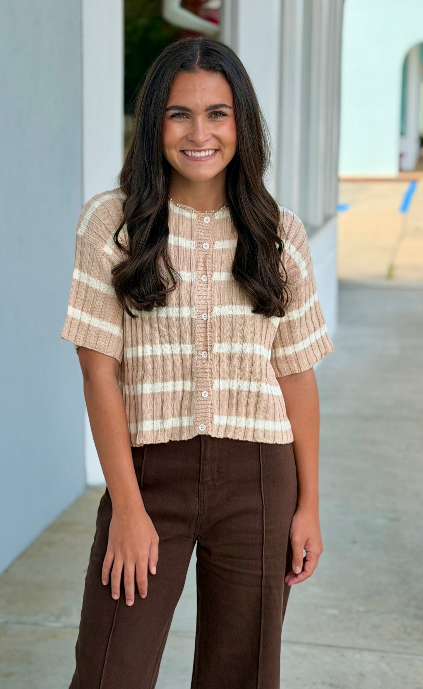 Tan Striped Button Front Cropped Knit Sweater
