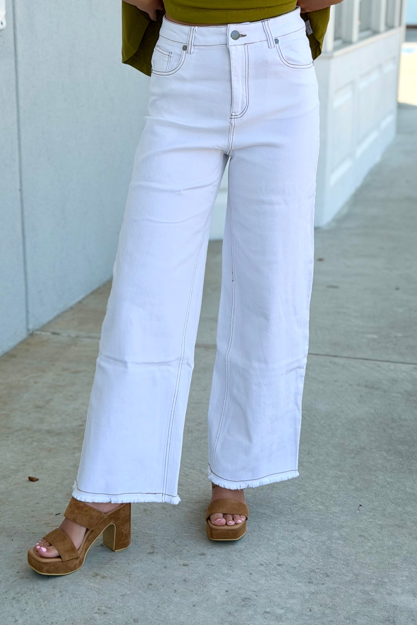 White Self Fray Bottom Pant