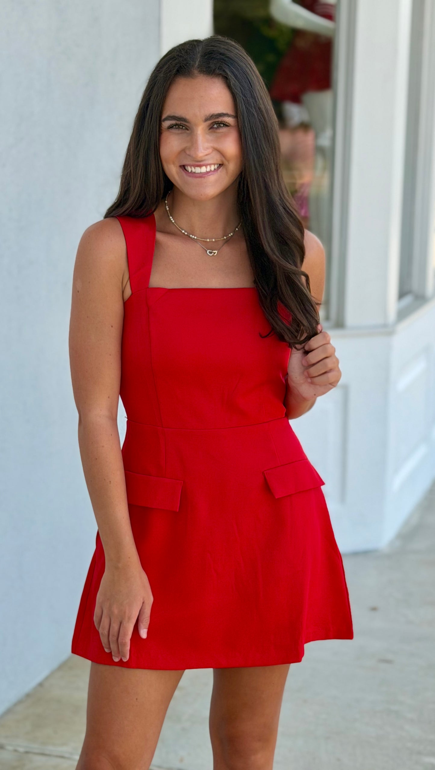 Red Mini Skort Romper with Faux Flap Pockets