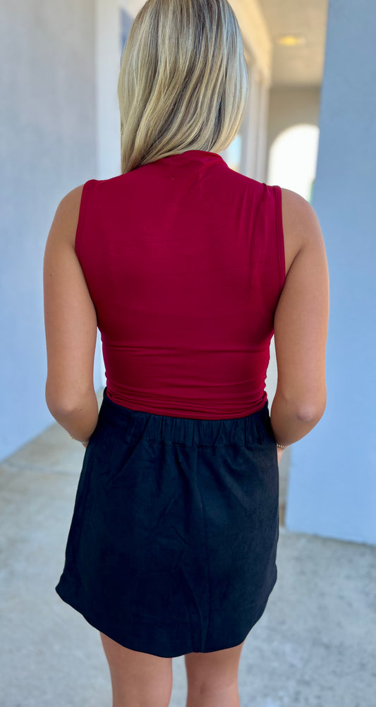 Mock Neck Ruched Sleeveless Top , Deep Red