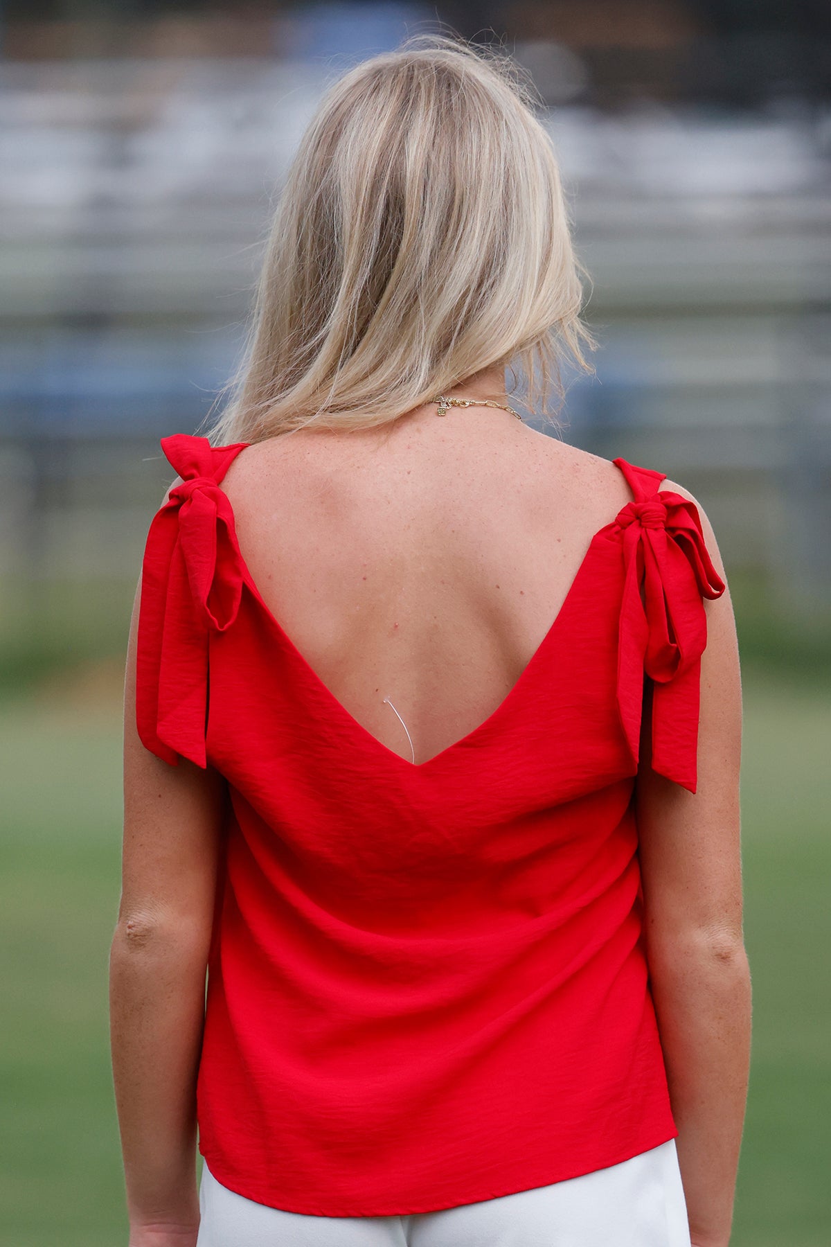 Red V Neck Self Tie Strap Top