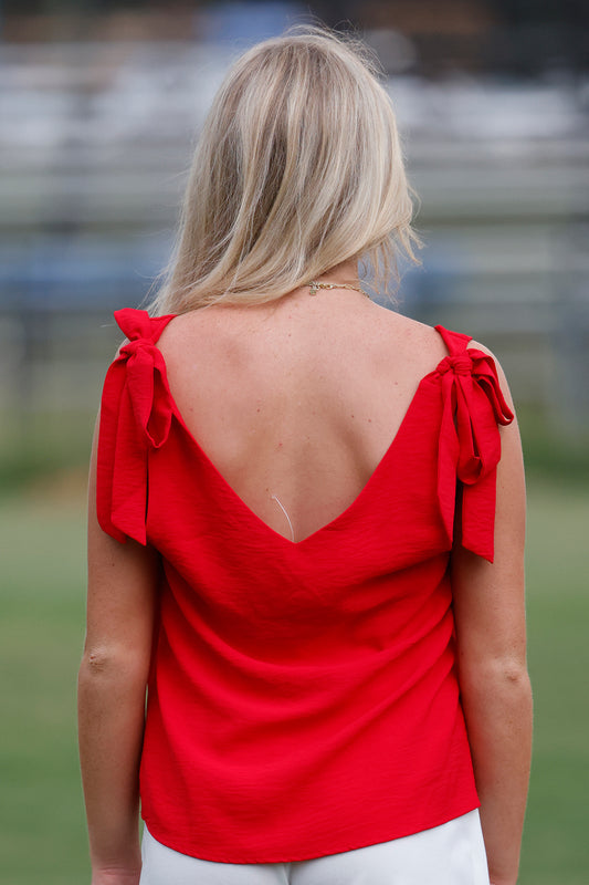 Red V Neck Self Tie Strap Top