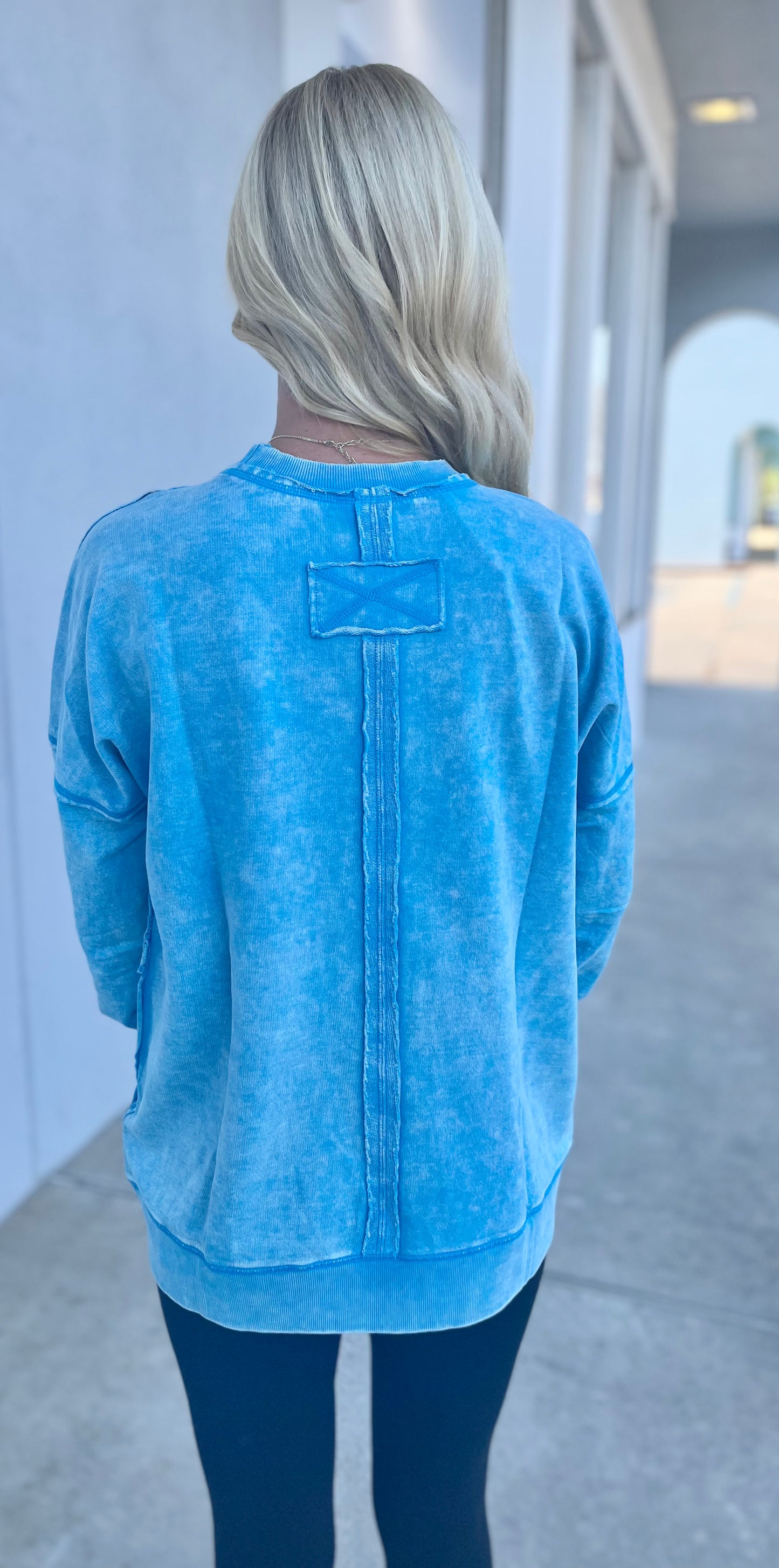 French Terry Acid Wash Front Pocket Pullover, Deep Sky