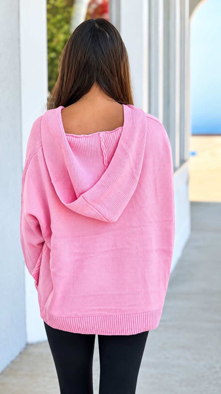 Pink V Neck Hooded Sweater