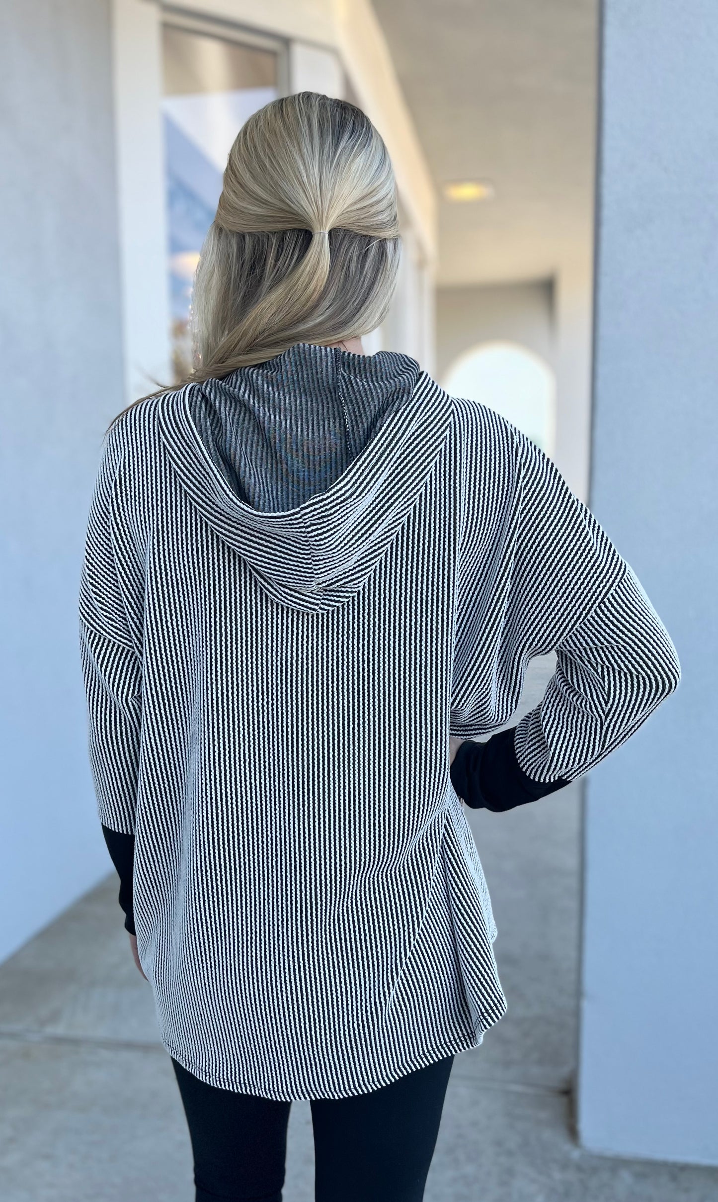 Black/Off White Stripe Hoodie Top