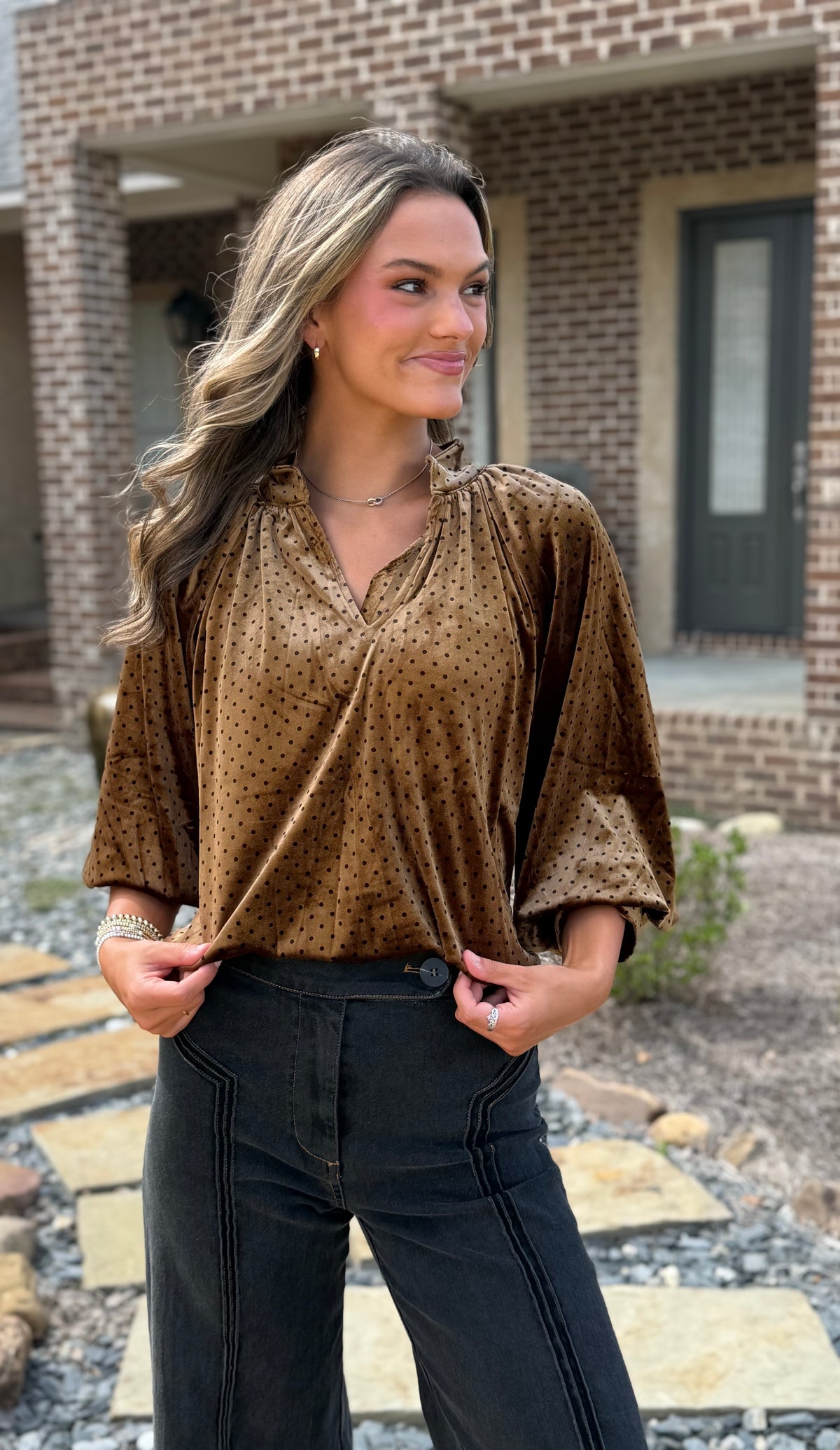 Cappuccino Polka Dot Balloon Sleeve Blouse