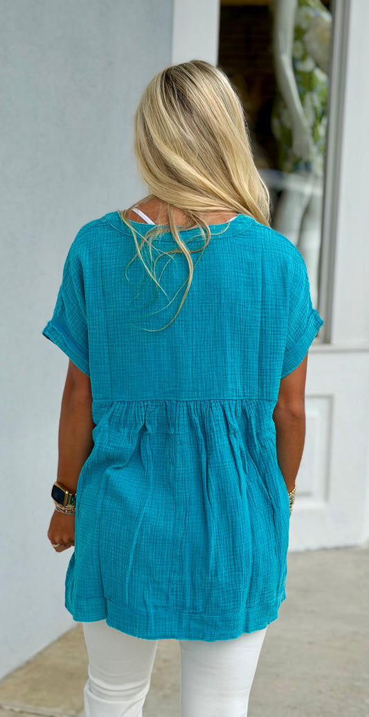 Washed Double Gauze Button Shirt, Lt Teal