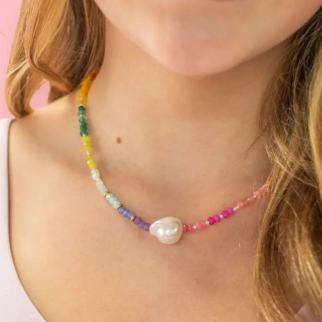 Color Pop - Rainbow Pearl Gemstone Bead Necklace