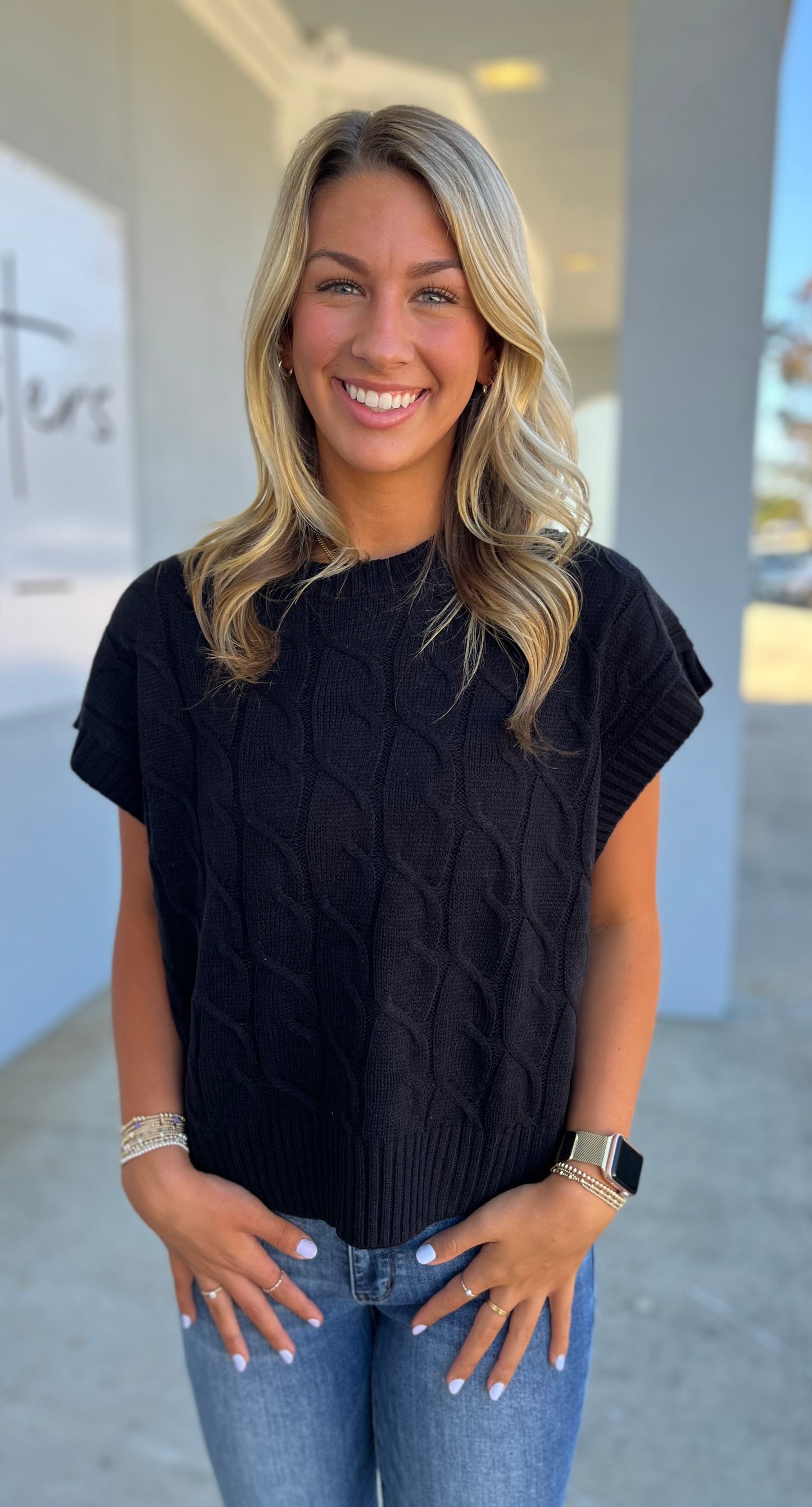 Sleeveless Oversized Cable Knit Sweater Vest, Black