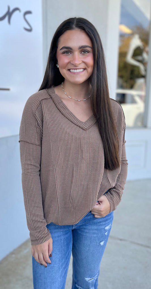 Corded Rib Long Sleeve V Neck Top, Brown
