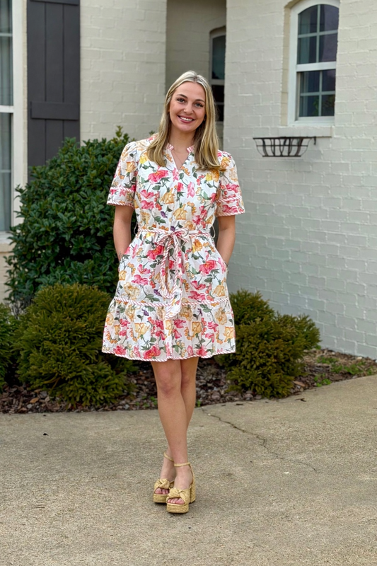 Cream Printed V Neck With Waist Tie Mini Dress