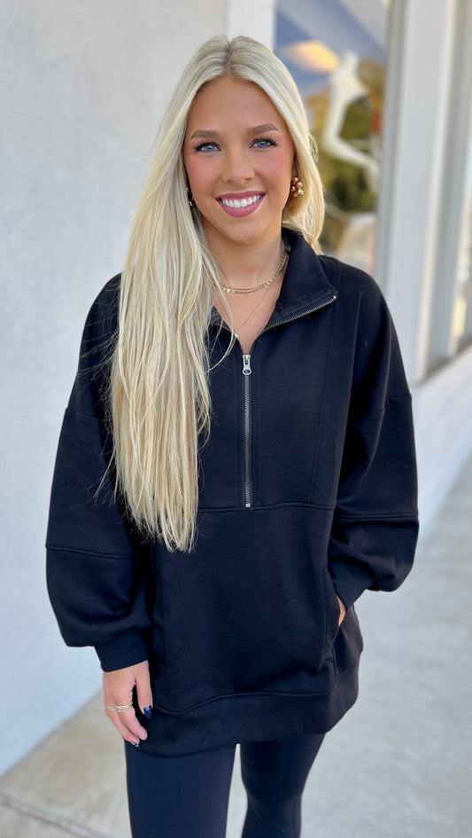 Half Zip Oversized Knit Pullover, Black