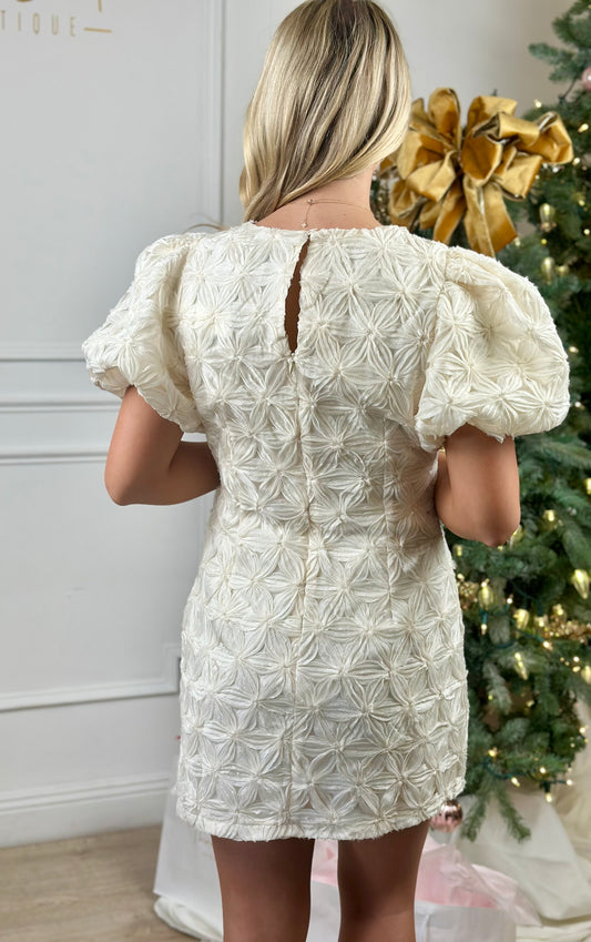 Cream Applique Puff Sleeve Dress