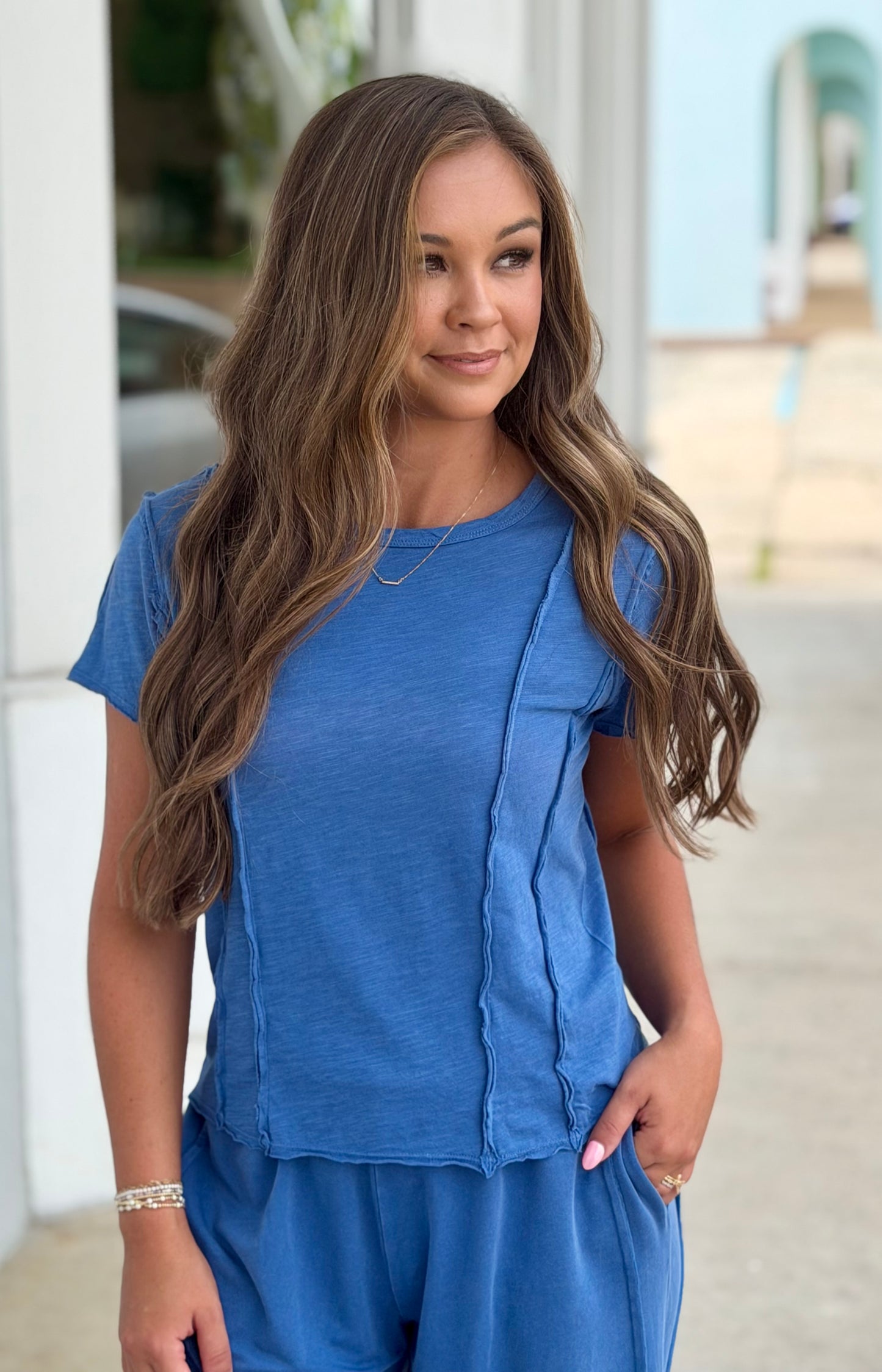 Denim Exposed Seam Short Top