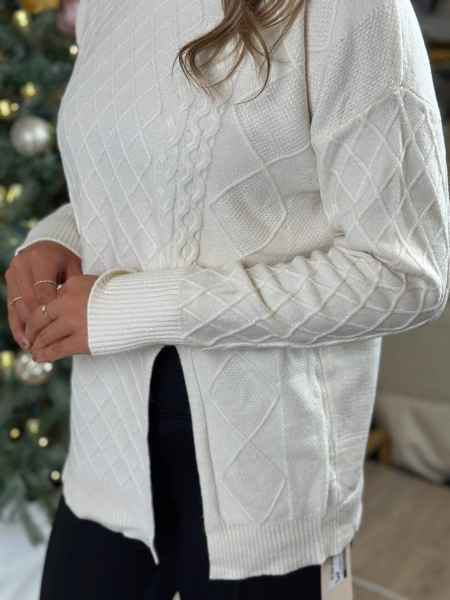 Cable Knit Split Hem Turtle Neck Sweater, Cream