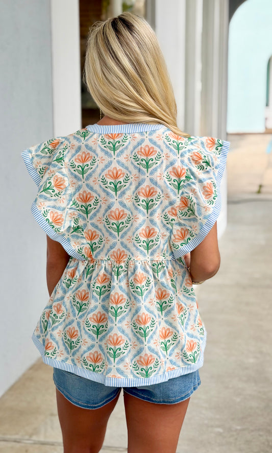 Lt Blue/Orange Ruffle Sleeve Top