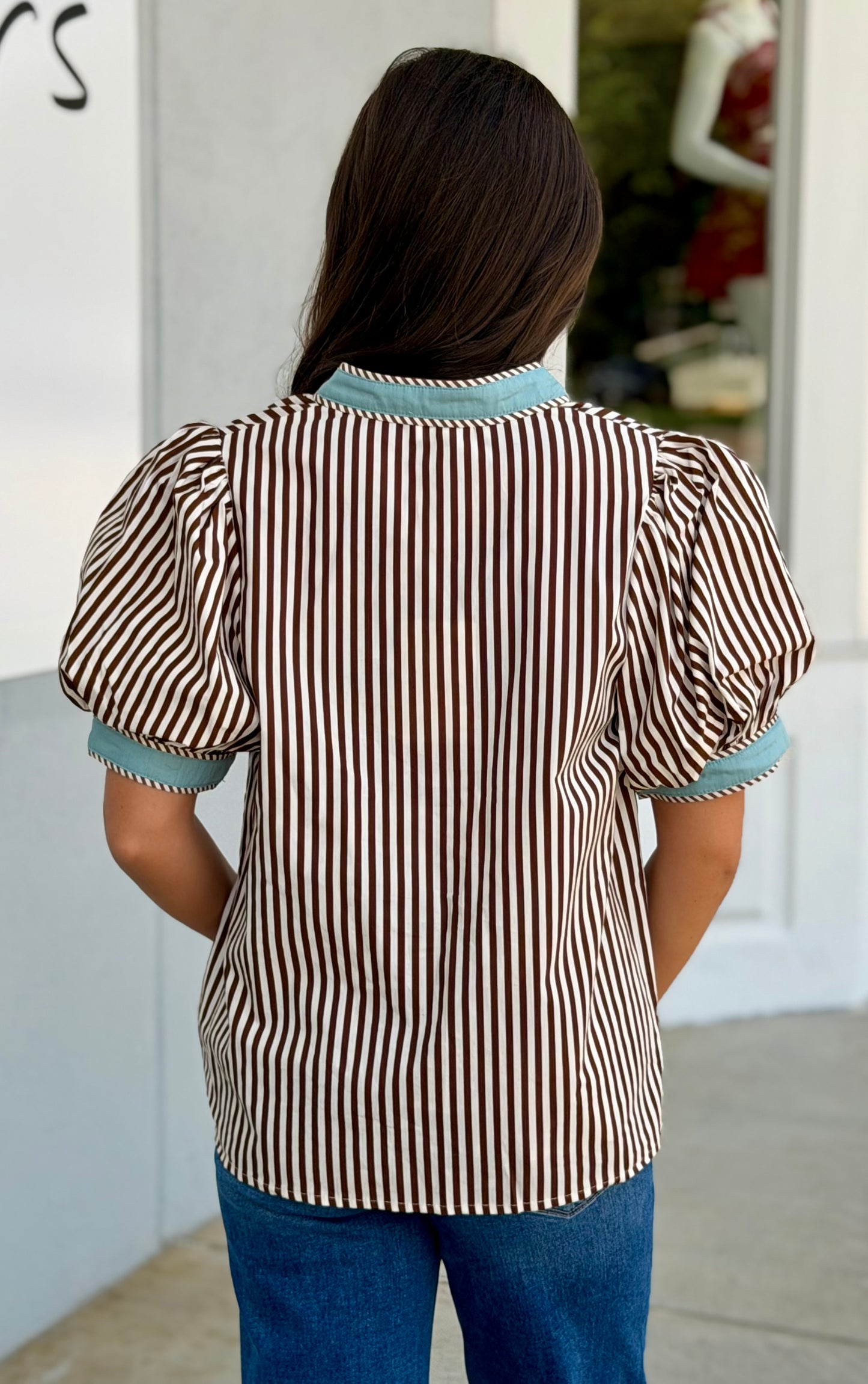 Brown Stripe Puff Sleeve V Neck Top