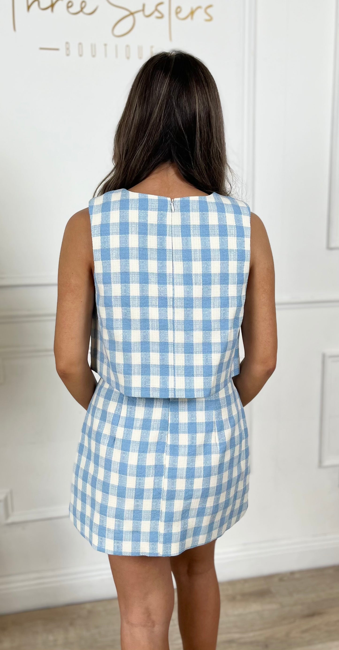 Blue Plaid Button Detail Crop Top and Mini Skirt SET