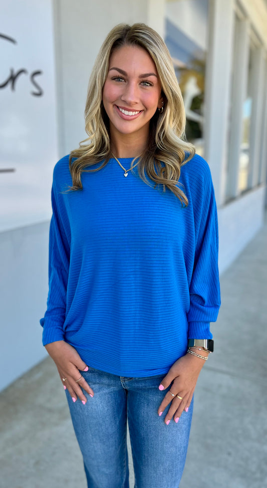 Ribbed Batwing Boat Neck Sweater, Ocean Blue