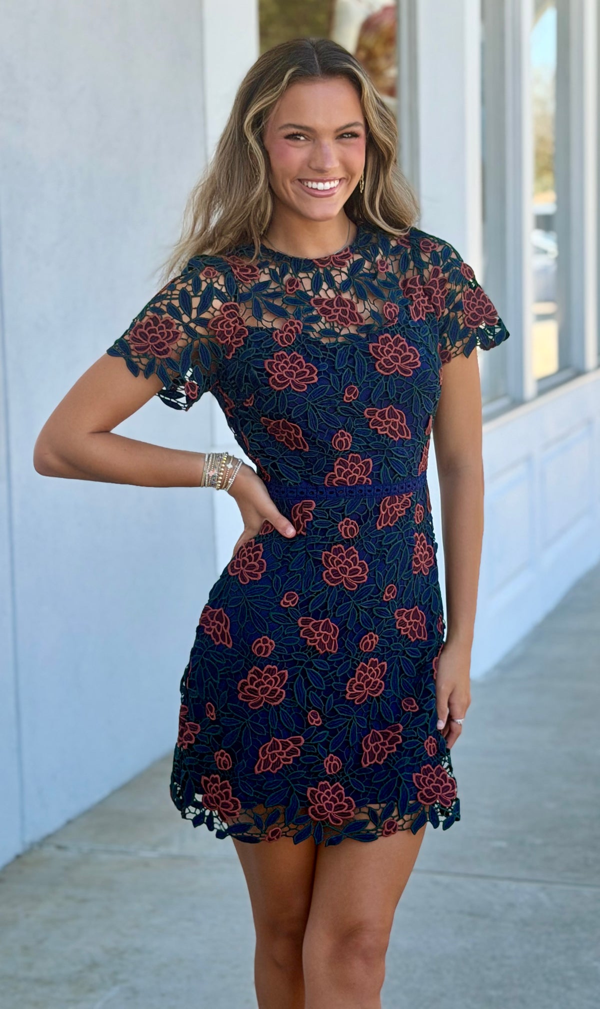 Navy/Green/Rust Foral Lace Mini Dress