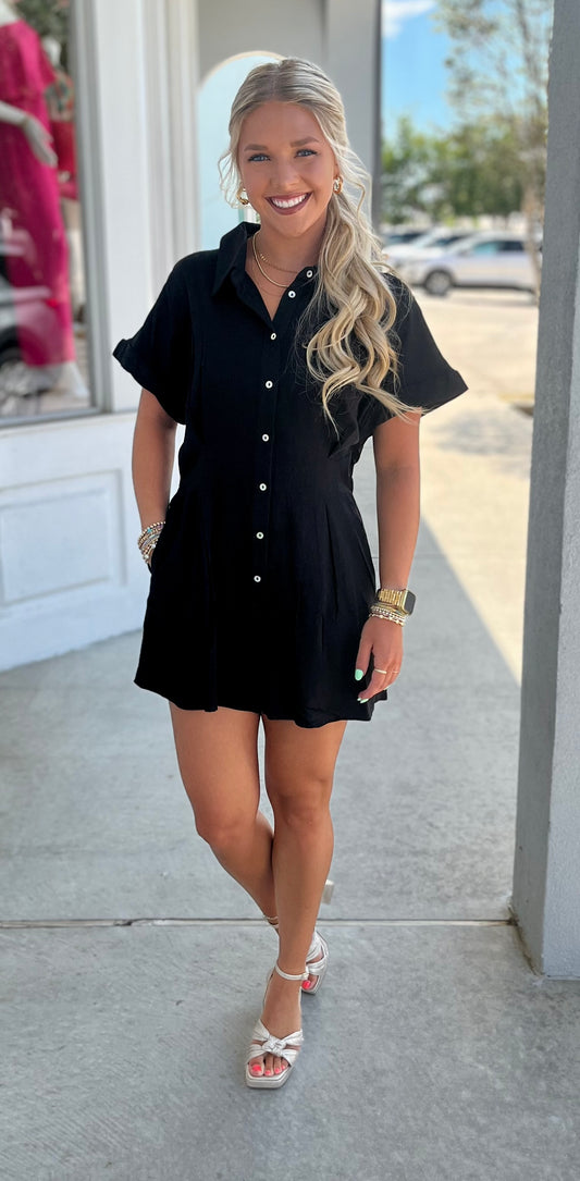 Black Short Sleeve Button Down Romper