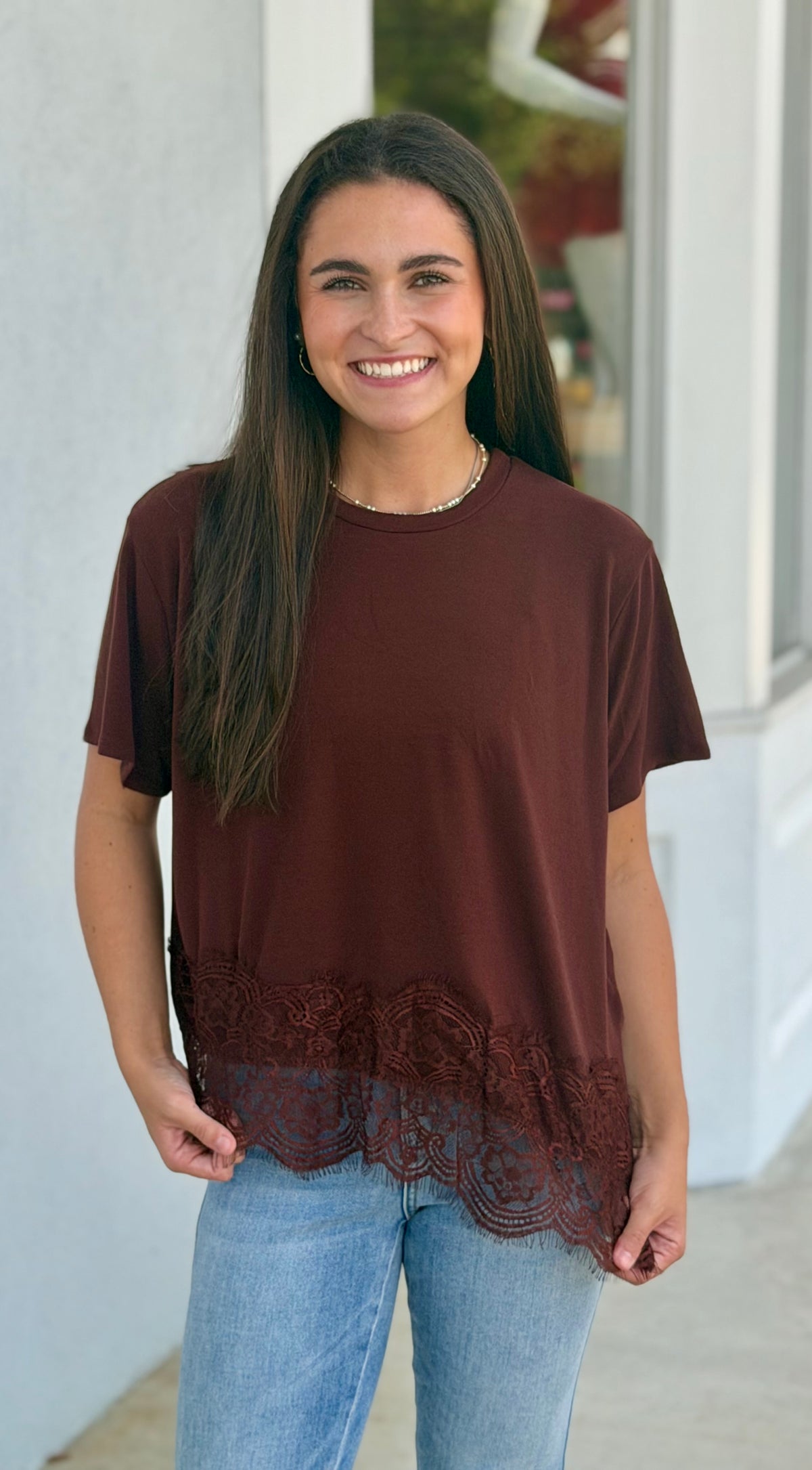 Asymmetrical Lace Trim Top , Brown