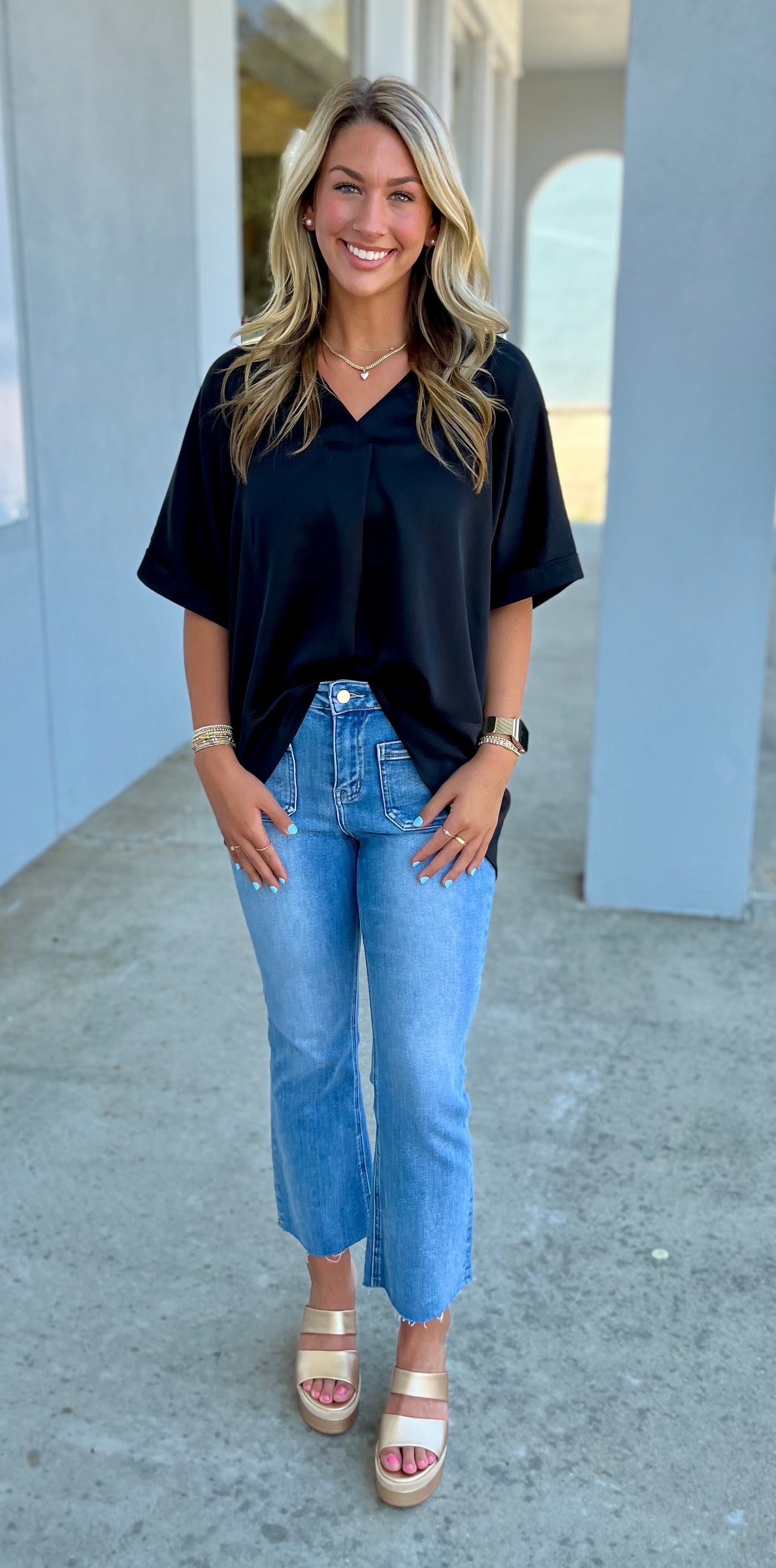 Black V neck High Low Blouse