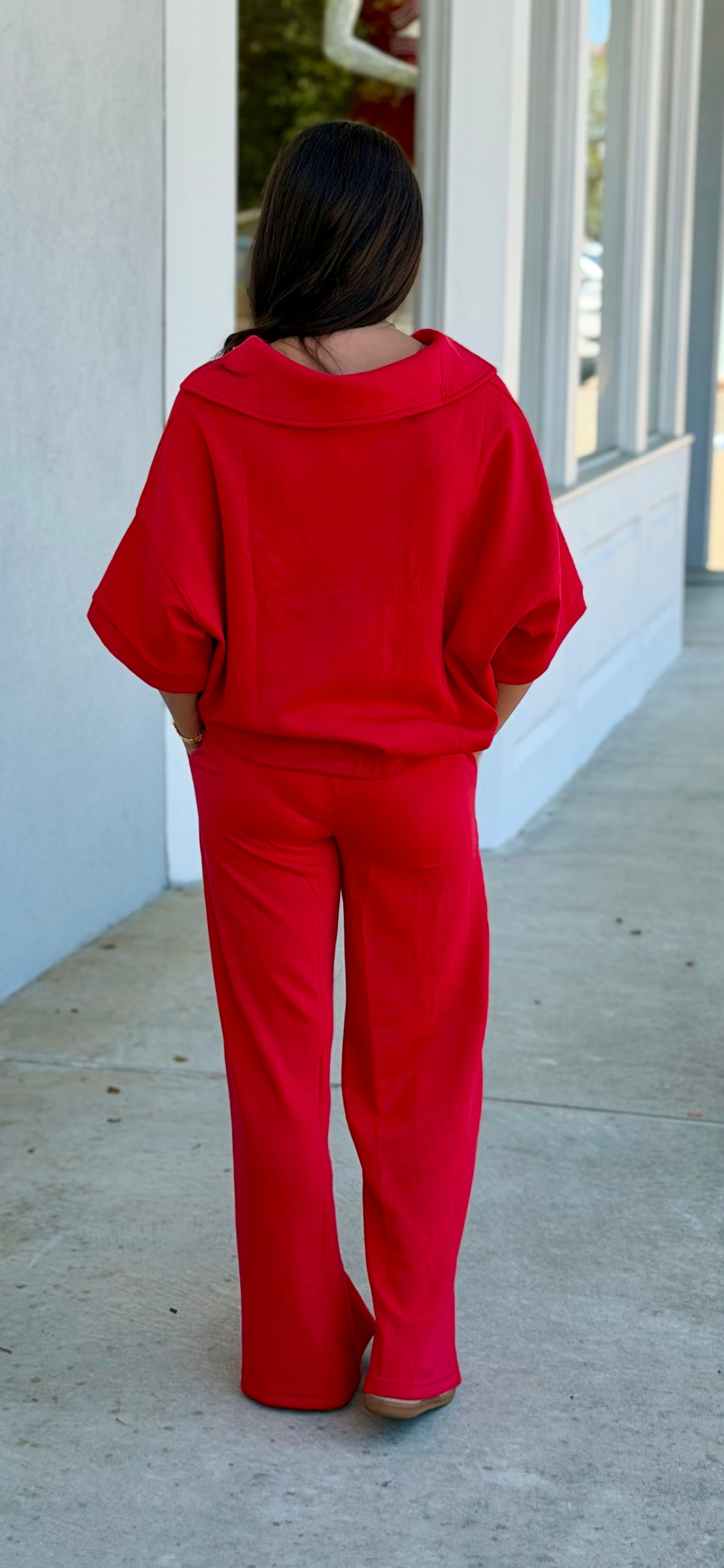 Scuba Collared Short Sleeve Top & Pants SET, Ruby