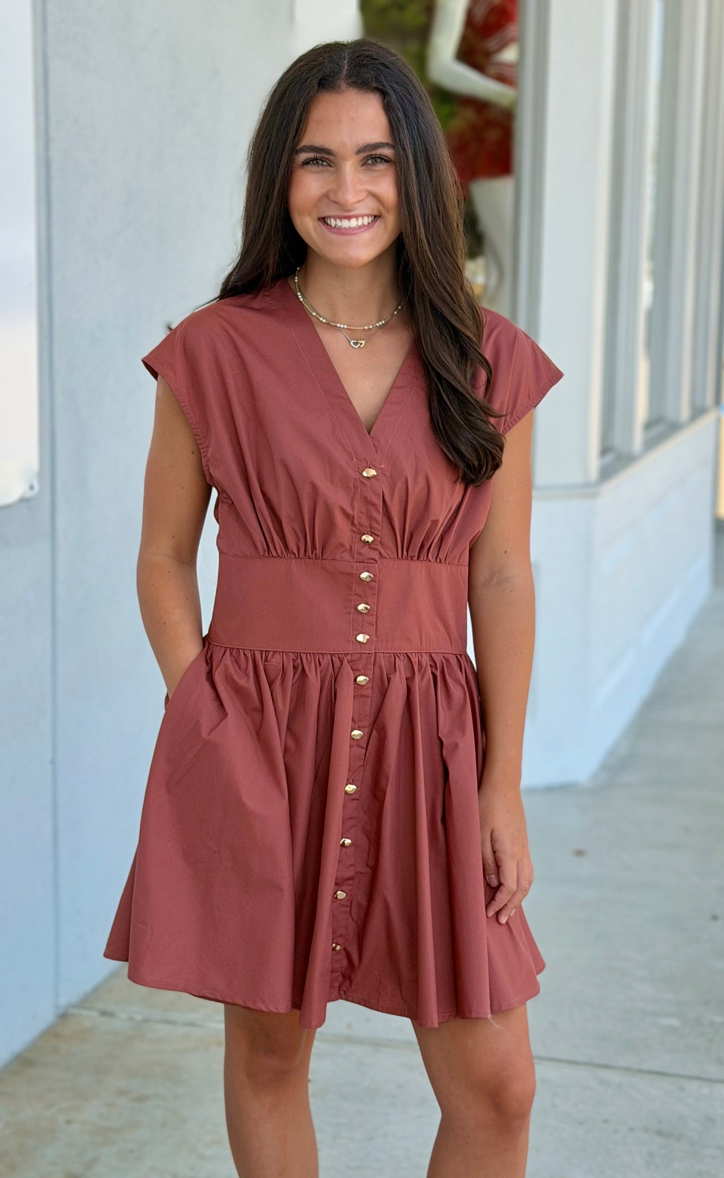 Clay Dress With Gold Button Detail