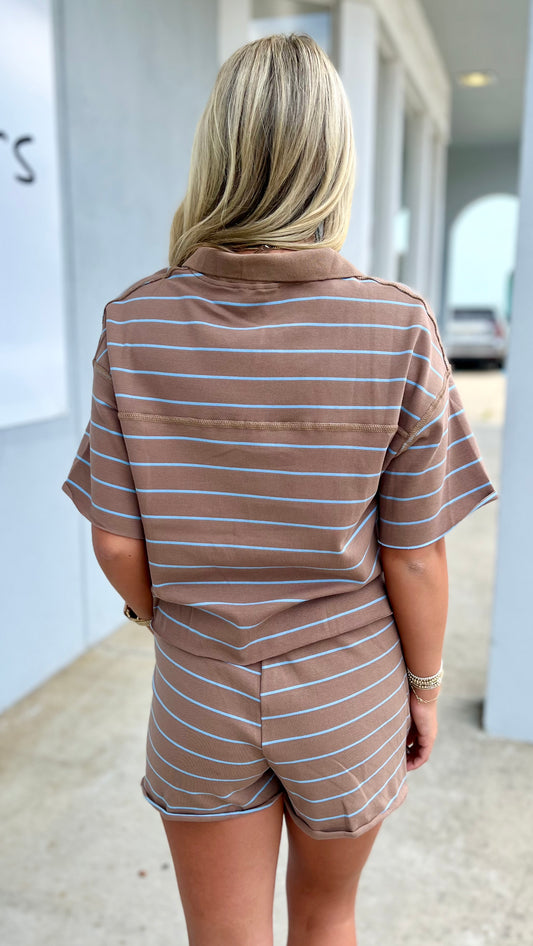 Mocha/Blue Striped Knit Top and Short SET