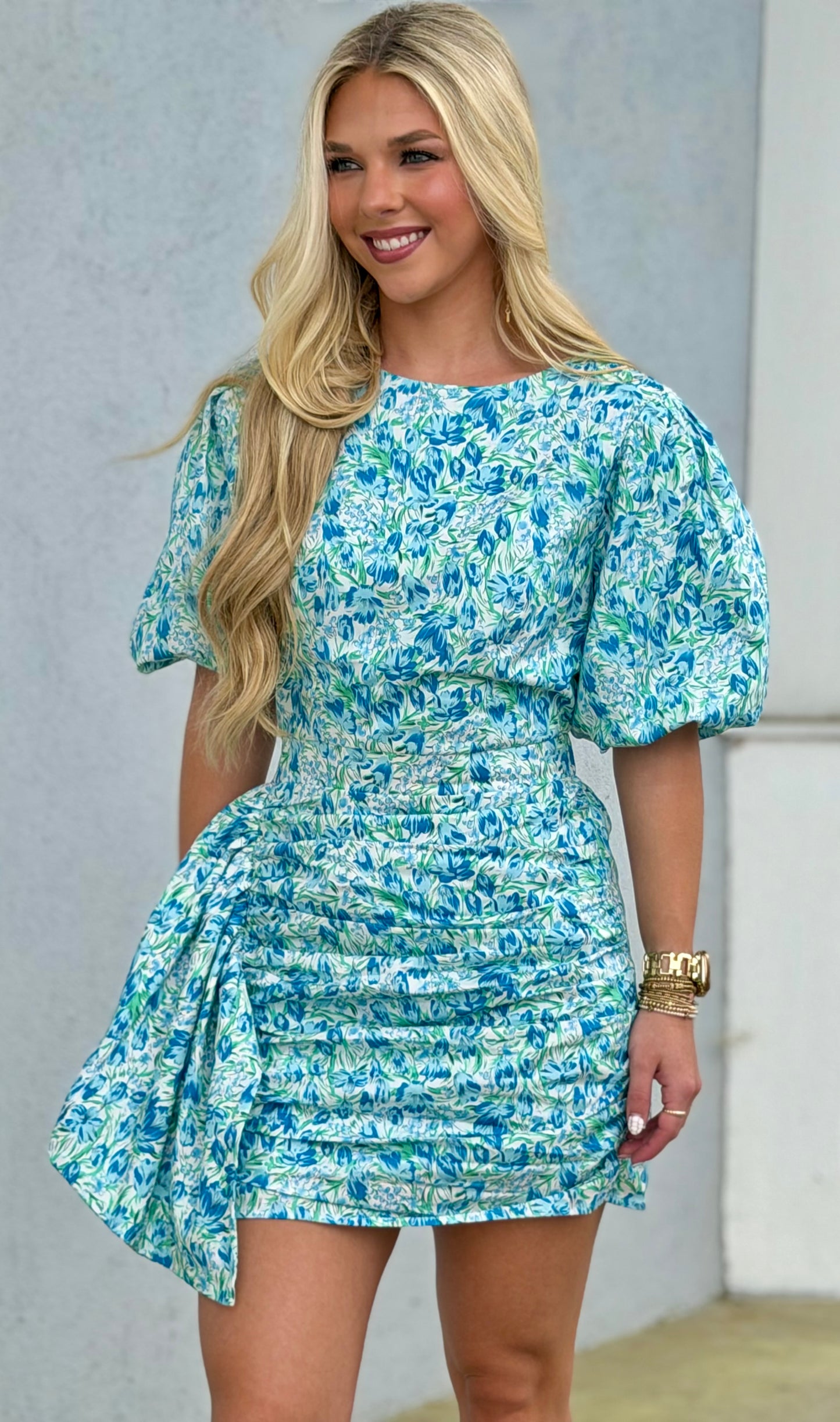 Ruched Blue Puff Sleeve Dress