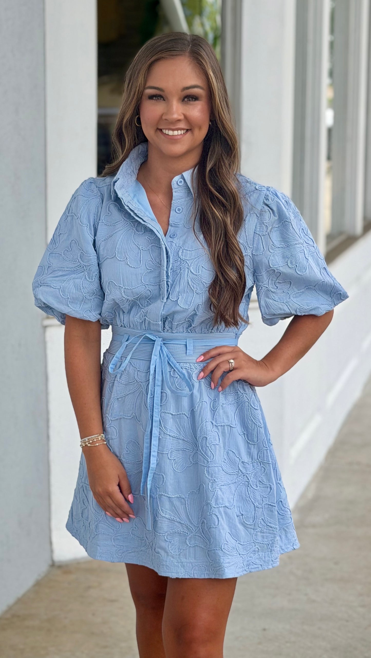 Blue Floral Embroidery Cotton Dress