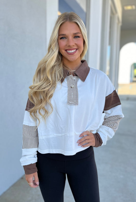 Ivory-Brown Collar Long Sleeve Top