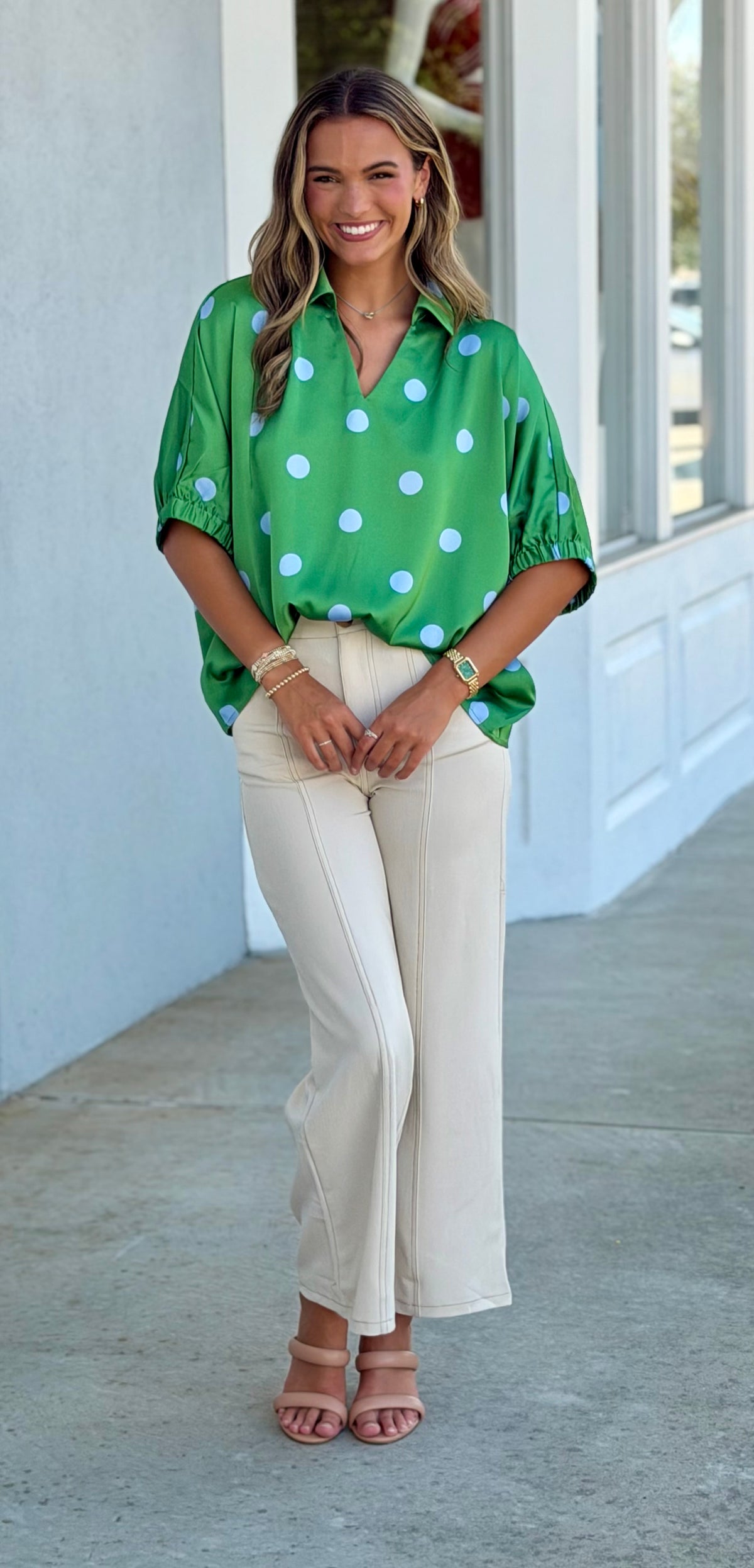 Green Polka Dot Satin Top