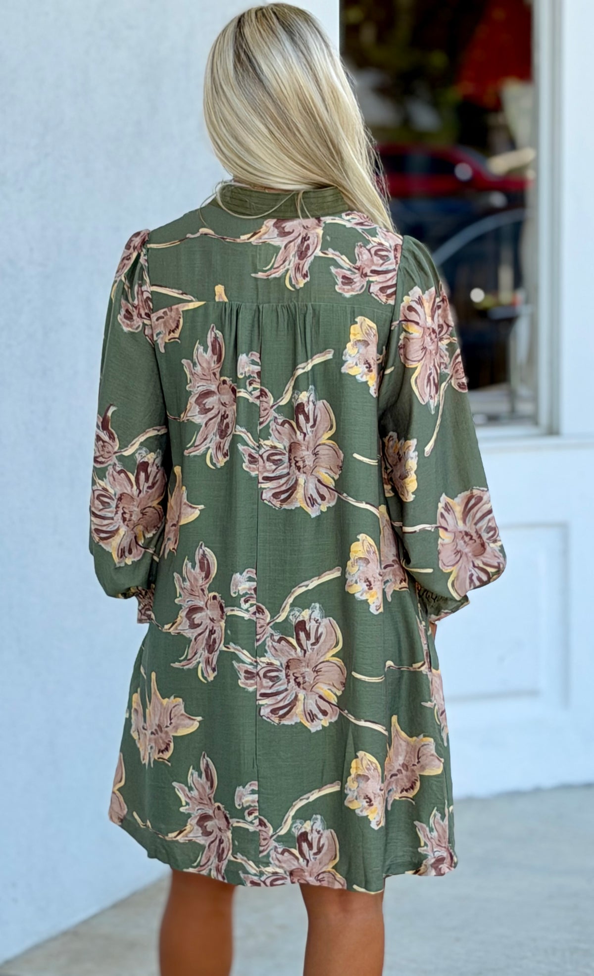 Olive Floral V Neck Dress
