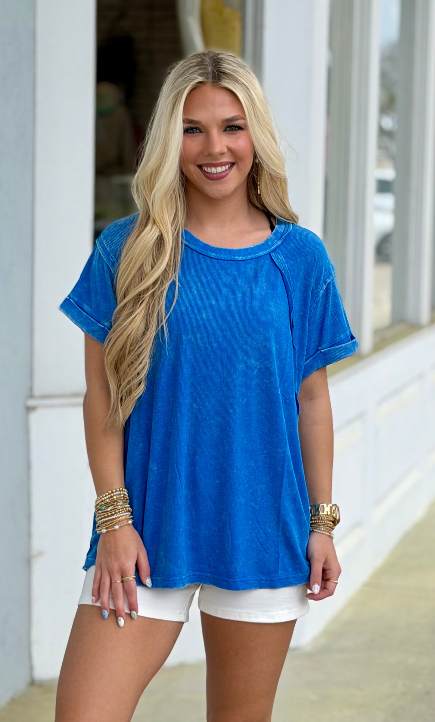 Washed Ribbed Cuffed Round Neck Tee, Ocean Blue