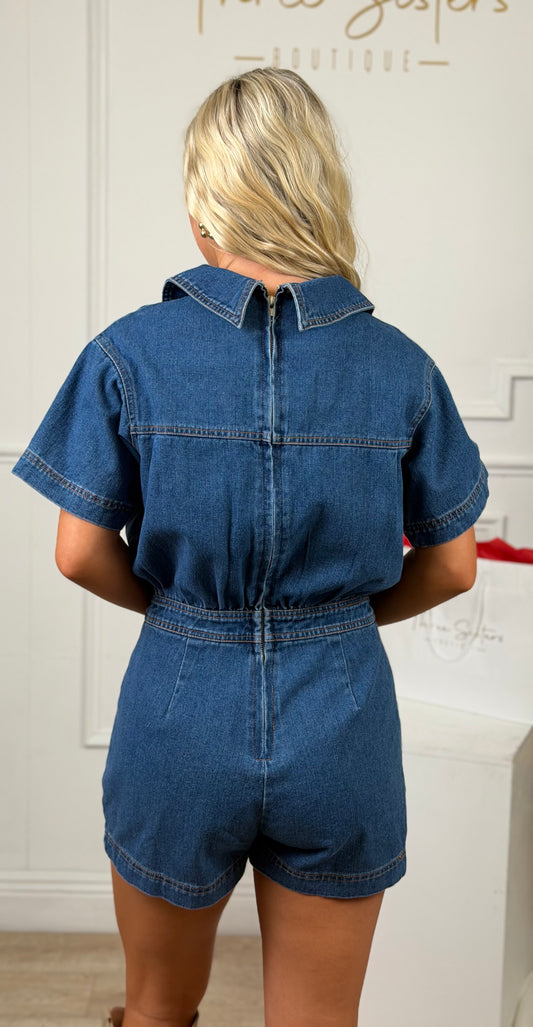 Denim Romper With Wrap Front Detail