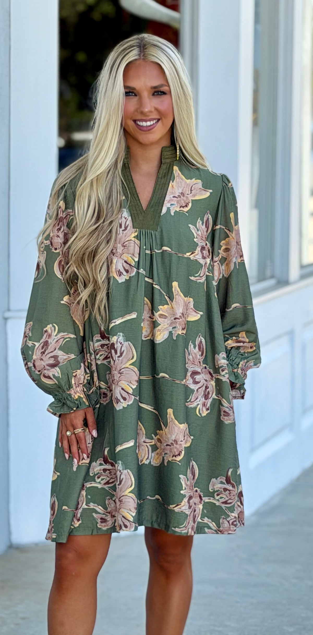 Olive Floral V Neck Dress