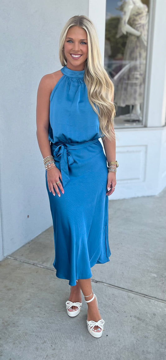 Blue Halter Neck Midi Dress