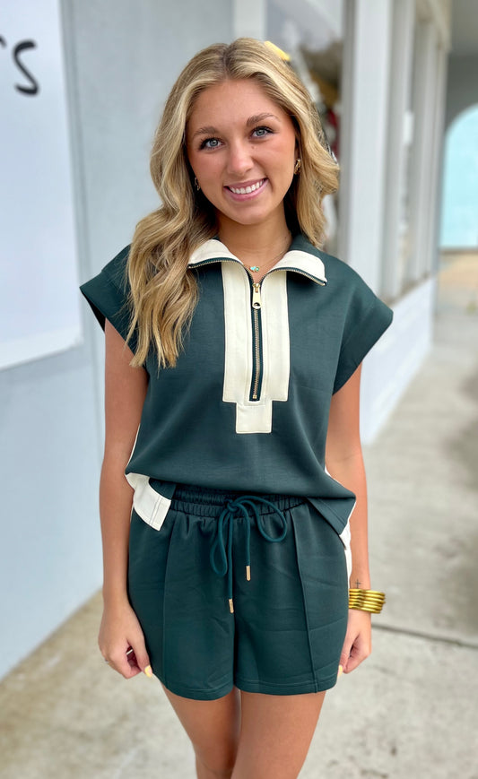Dark Green Half Zip Pullover and Short SET
