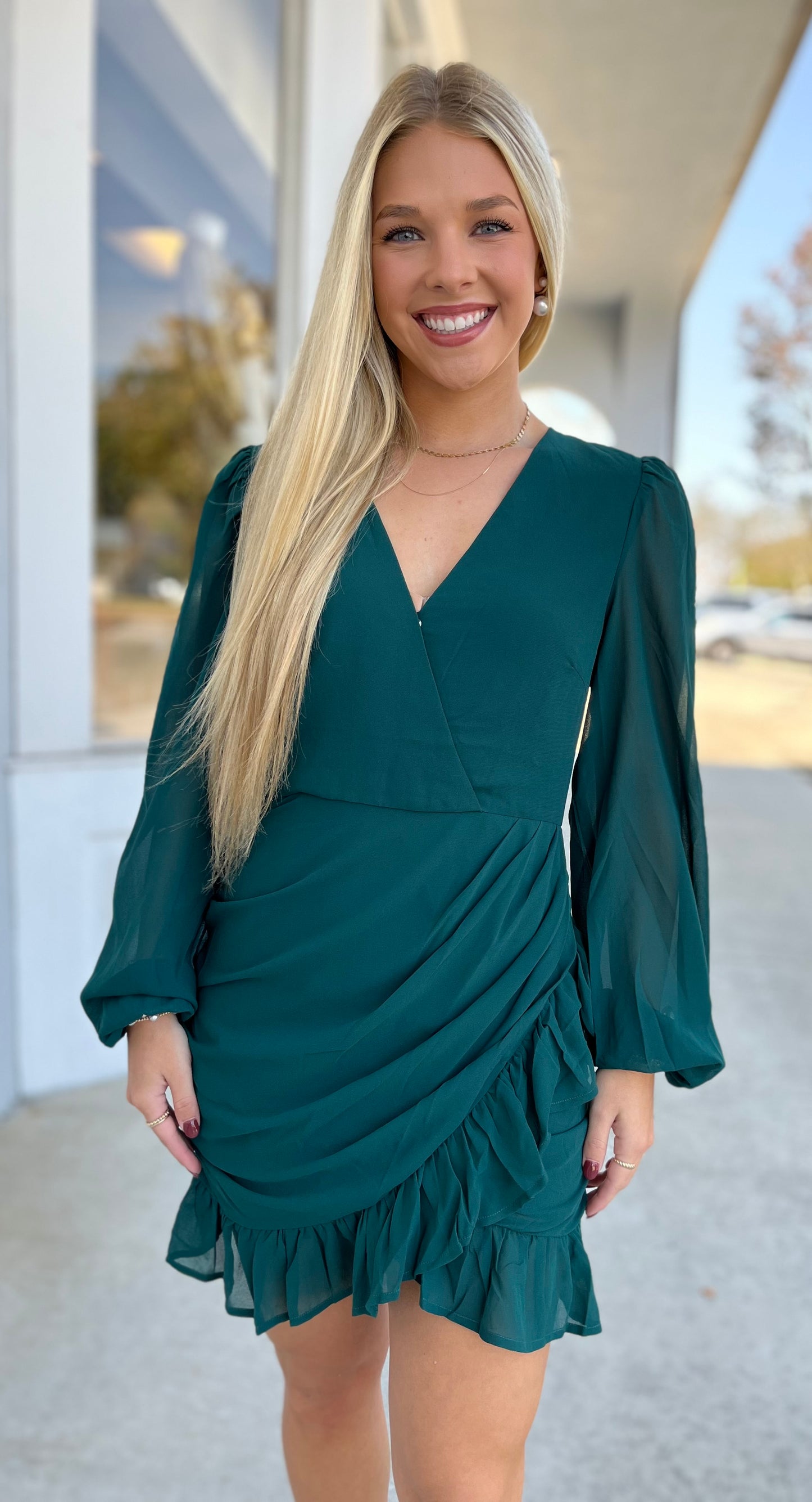 Hunter Green Pleat & Flare Dress