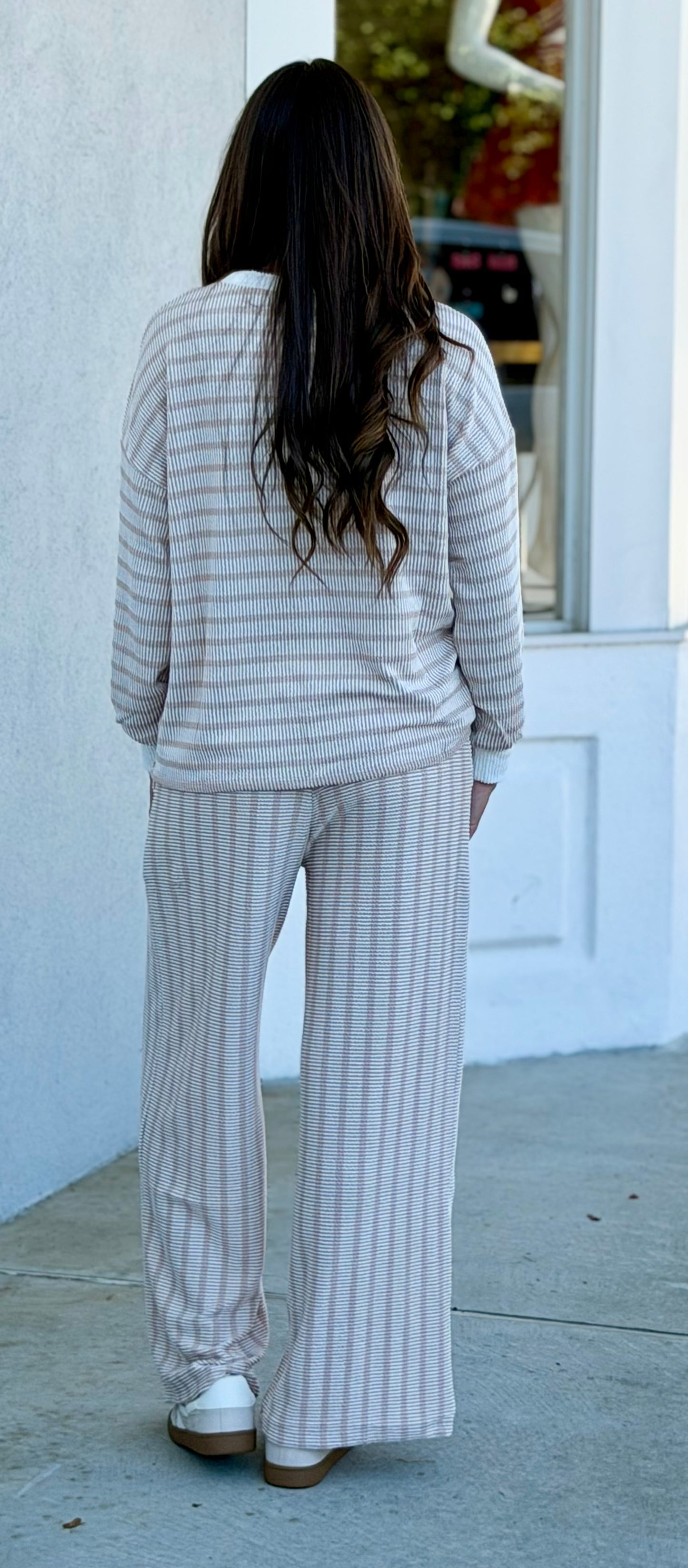Raised Rib Striped Pullover & Pants SET, Lt Mocha