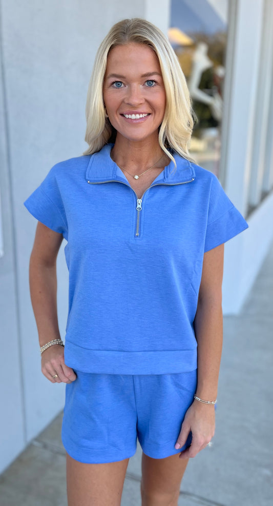 Scuba High Neck Half Zip Top & Shorts SET, Cornflower Blue