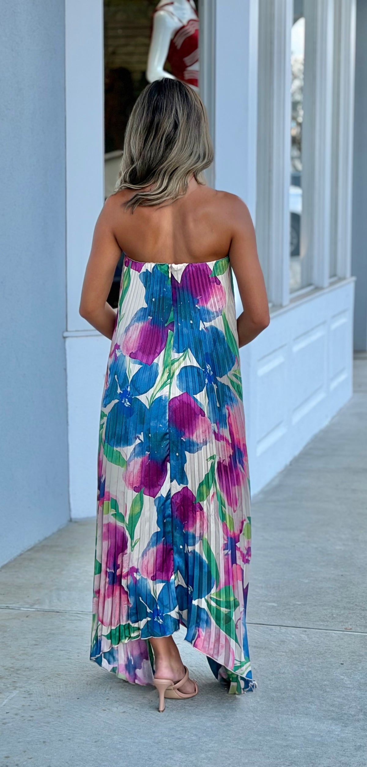 Floral Strapless Pleated Maxi Colum Dress