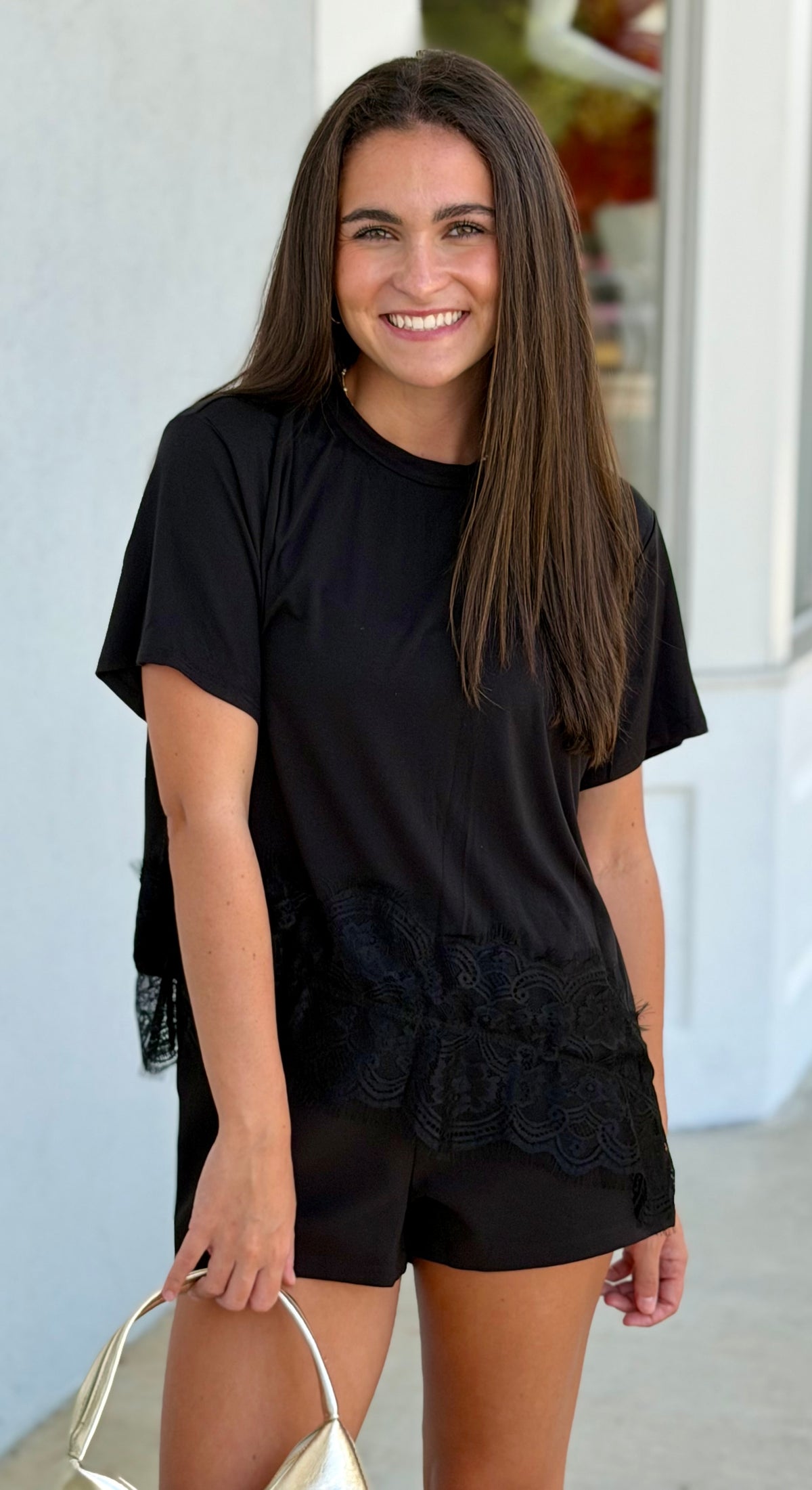 Asymmetrical Lace Trim Top , Black