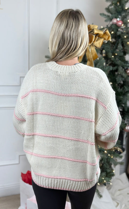Ivory Light Pink Stripe Oversized Sweater