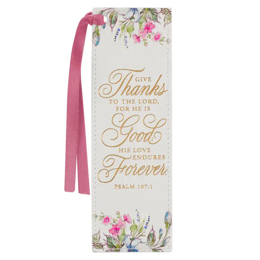 Give Thanks White Floral Leather Bookmark
