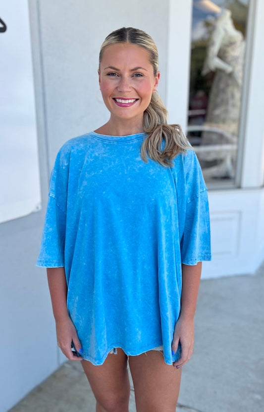 Acid Wash Oversized Boyfriend Tee, Deep Sky